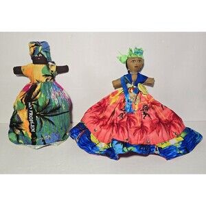 2 Vintage Handmade 10" Jamaican 2 in 1 Reversible Topsy Turvy Folk Art Doll